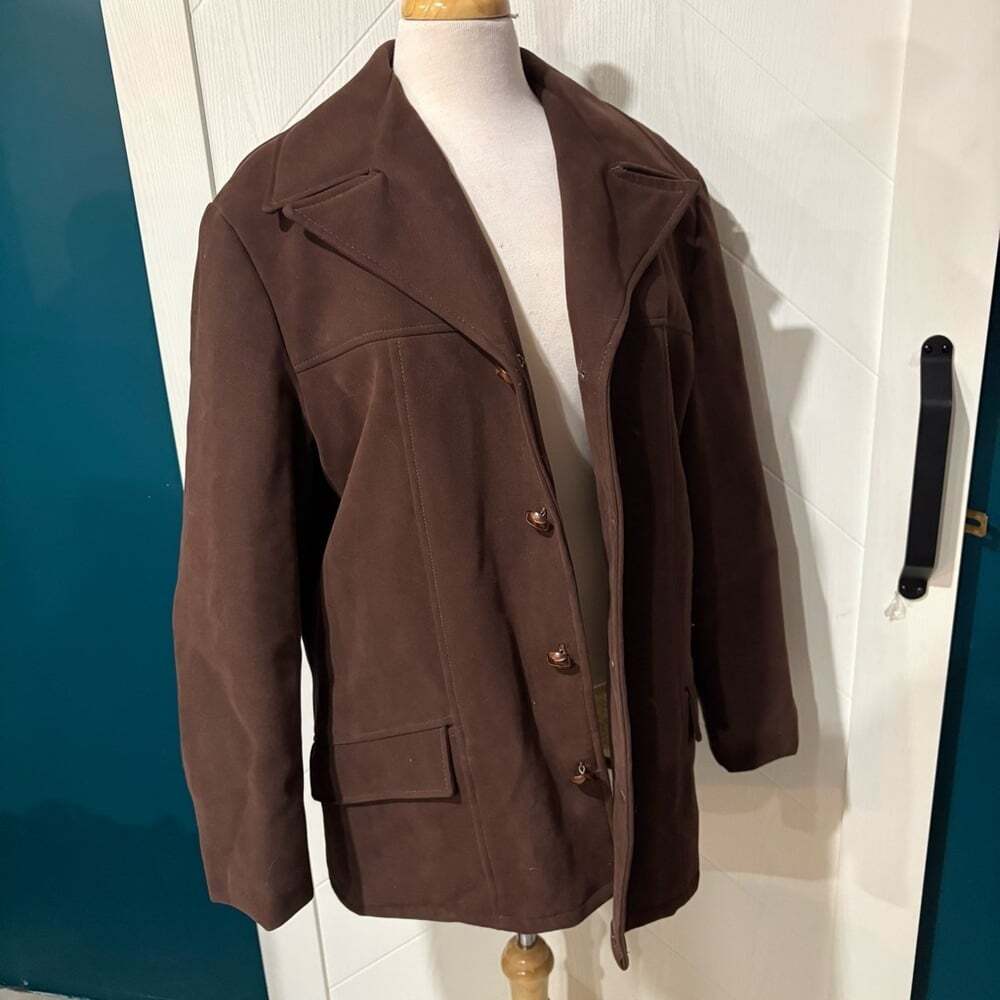 Vintage Brown Faux Suede Sherpa Lined Chore Coat 70s Western / Farm/Rodeo - Picture 2 of 7